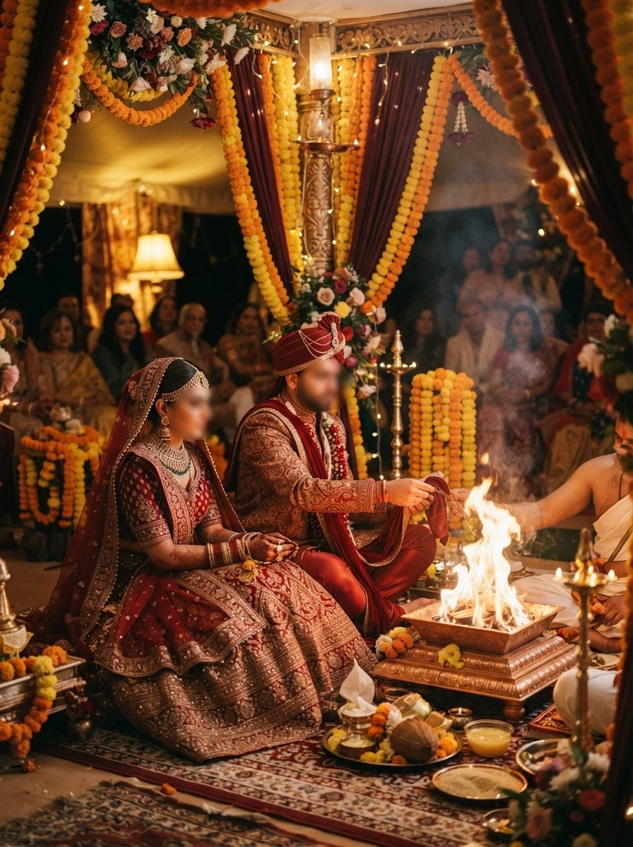 Placeholder photograph of a couple taking pheras around the sacred fire