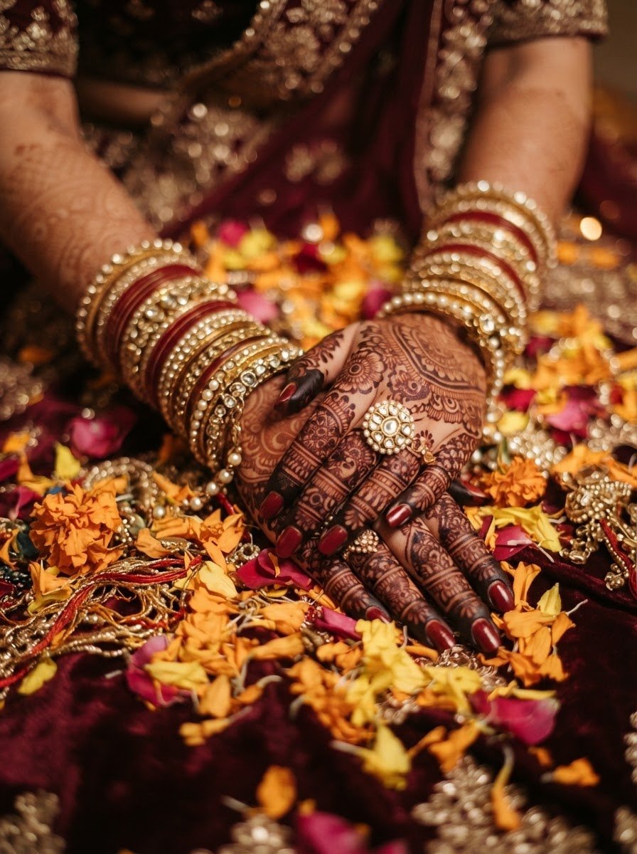 Placeholder close-up photograph of mehendi henna patterns on the bride's hands