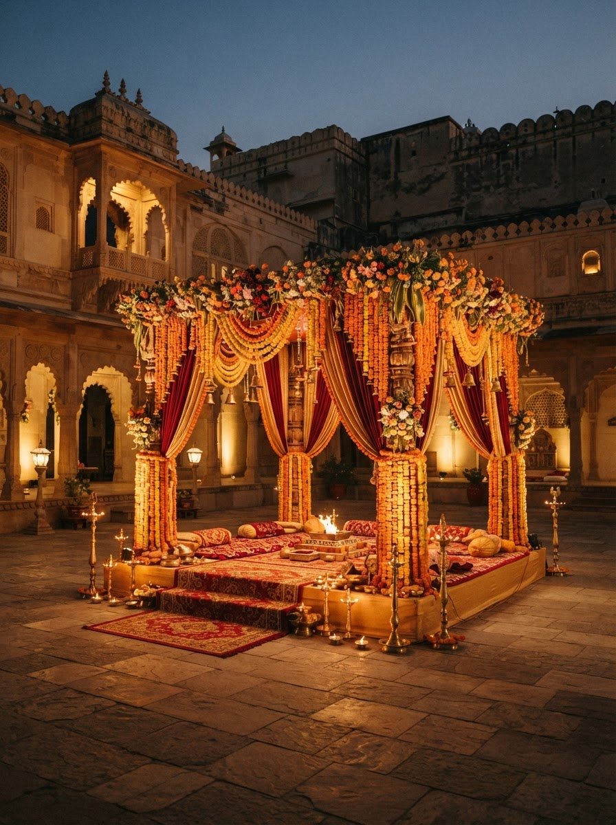 Placeholder photograph of a mandap decorated with marigolds and diyas