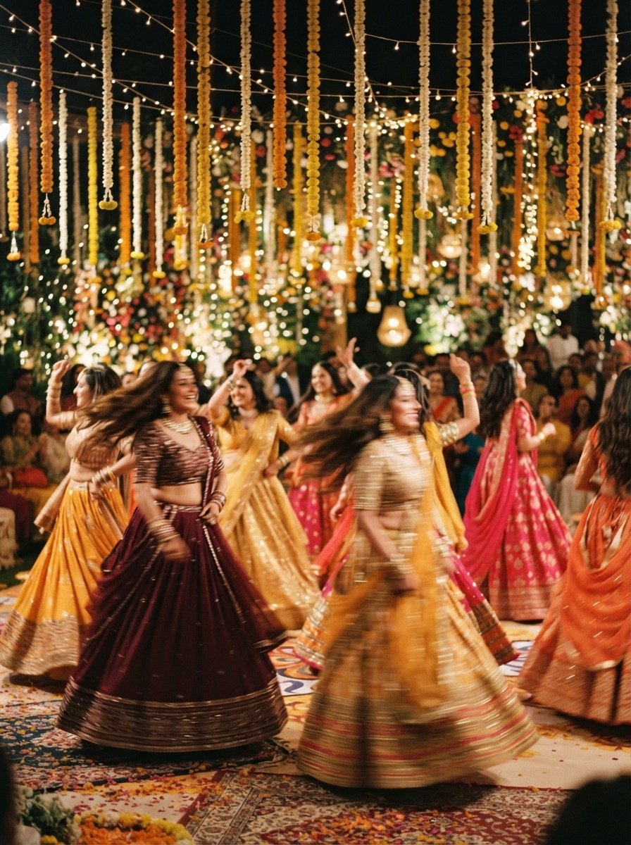 Placeholder photograph of sangeet dancers under string lights